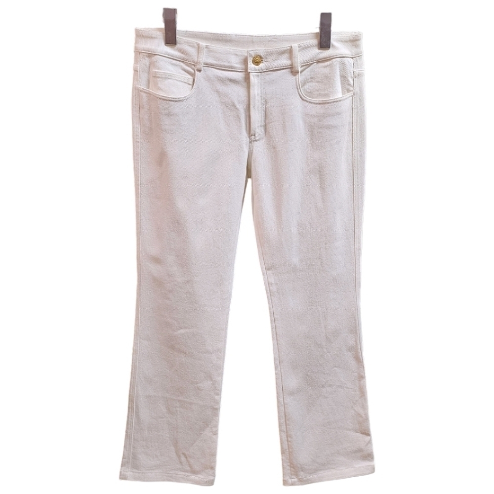 St. John White Cotton Denim Ankle Length Jeans Size 6 Beaded Designer Luxury